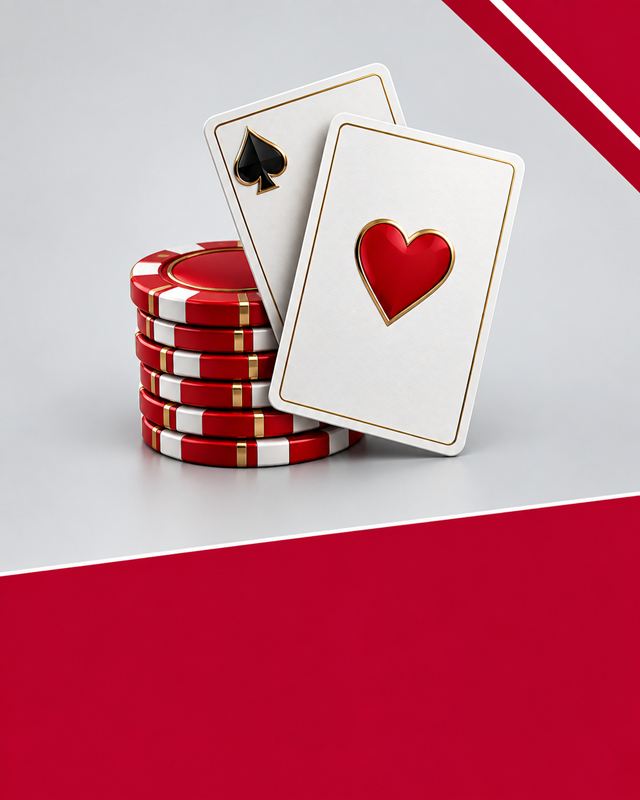 Zwei Spielkarten mit Herz und Pik, daneben ein Stapel roter Chips