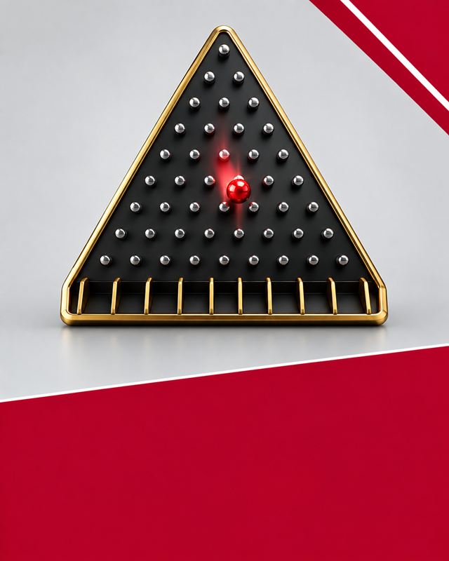 Eine Plinko-Pyramide mit einer roten Kugel zwischen den Stiften