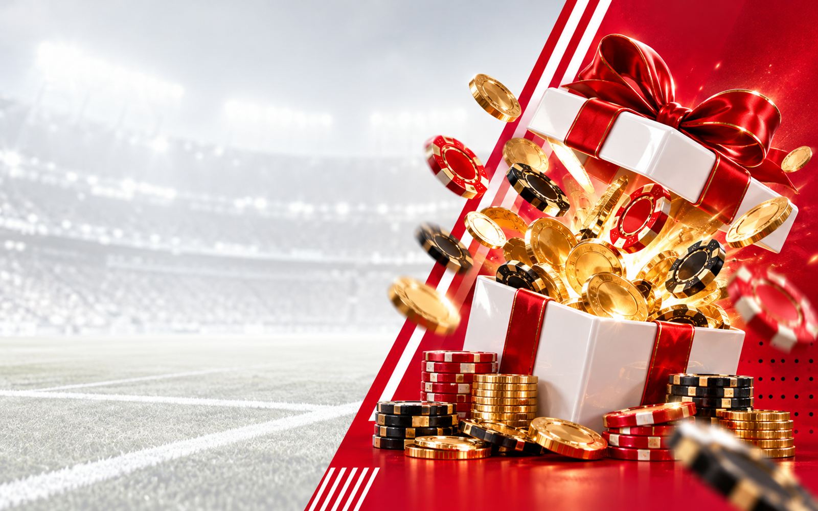 Ein offenes weißes Geschenkpaket mit roter Schleife, aus dem Goldmünzen und Casino-Chips fliegen, vor einer roten Fläche mit weißen Streifen